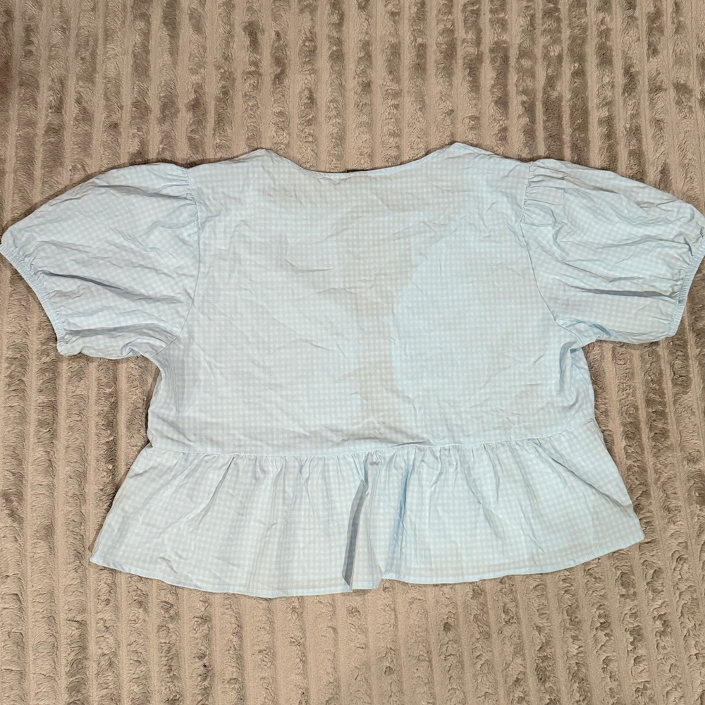 Wild Fable Blue Gingham Tie Front Peplum Puff Sleeve Top Womens Medium - Picture 6 of 6